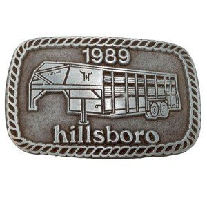 Livestock Trailer Belt Buckle 1989 Trucker Cowboy Cattle Hauler Vintage Hillsbor
